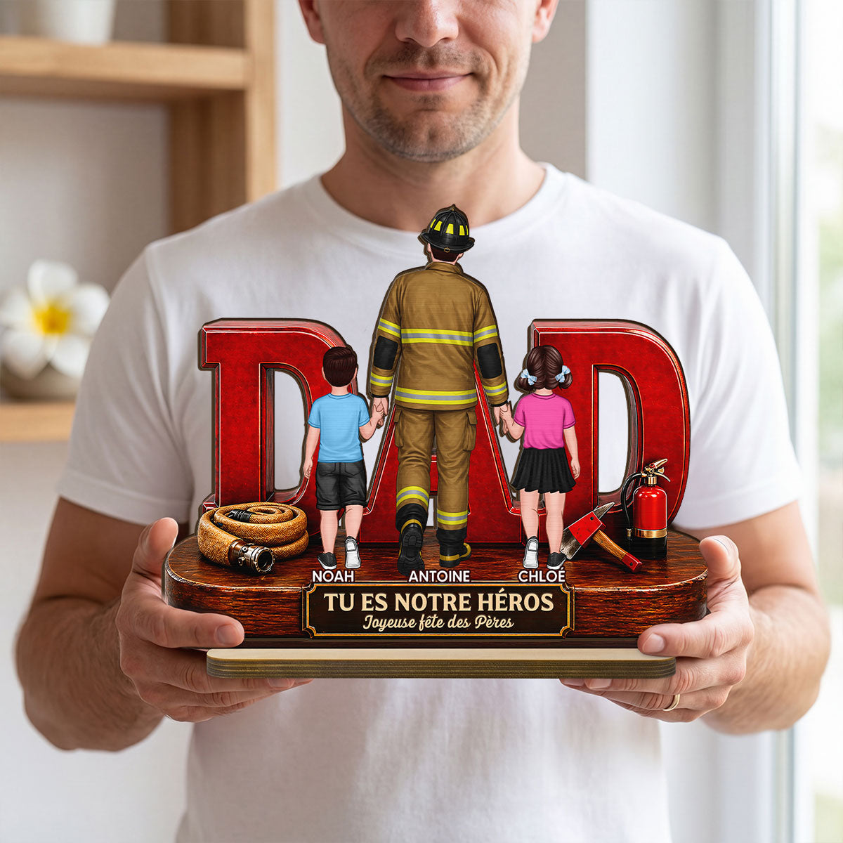 Papa pompier fier - Plaque en bois personnalise  2 couches - Cadeau de fte des Pres pour papa, mari