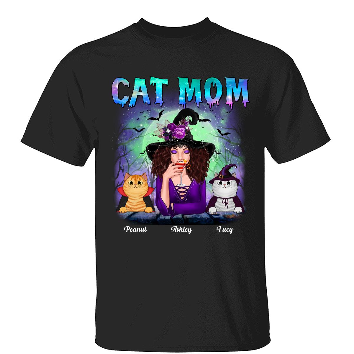 Halloween Neon Green And Purple Cat Mom Witch Personalized Shirt
