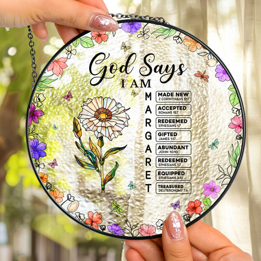 God Says I Am Name Letter In Bible - Personalized Stained Glass Window Hanging Suncatcher