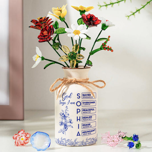 God Says I Am Name Letter In Bible - Personalized Vase With Glass Birth Month Flowers