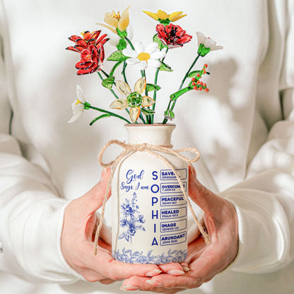 God Says I Am Name Letter In Bible - Personalized Vase With Glass Birth Month Flowers