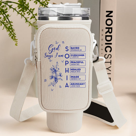 God Says I Am Name Letter In Bible - Personalized Water Bottle Carrier Bag With Phone Pocket