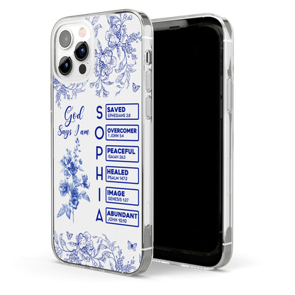 God Says I Am Name Letter In Bible Toile De Jouy Style - Personalized Clear Phone Case