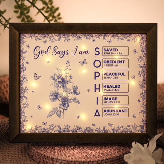 God Says I Am Name Letter In Bible Toile De Jouy Style - Personalized LED Shadow Box