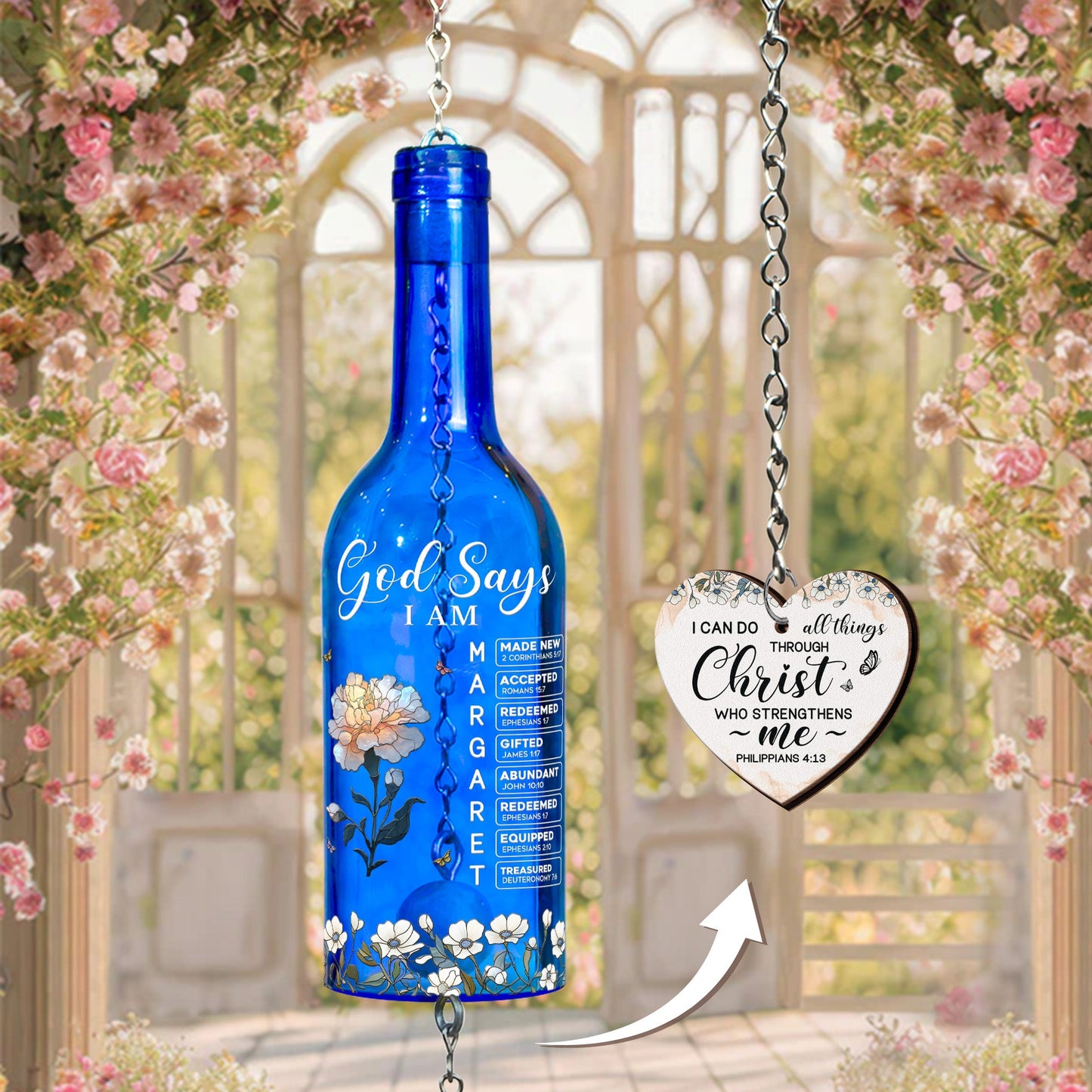 God Says I Am With Name Letter In Bible - Personalized Wine Bottle Wind Chime