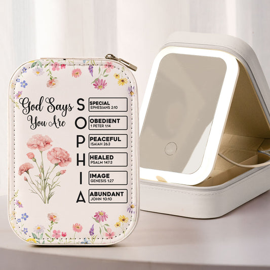 God Says You Are Custom Birth Flower & Name In Bible Verses - Custom Makeup Box With LED Mirror