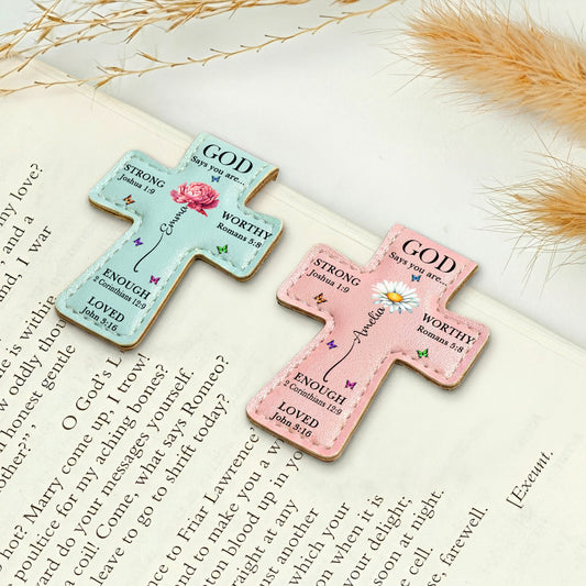 God Says I Am, Custom Birth Flower - Personalized Leather Magnetic Bookmark