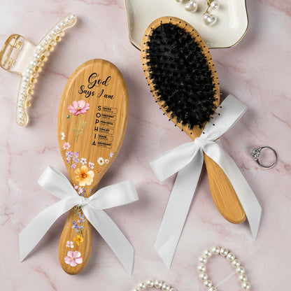 God Says You Are - Custom Birth Flower & Name With Bible Verse - Personalized Hair Brush