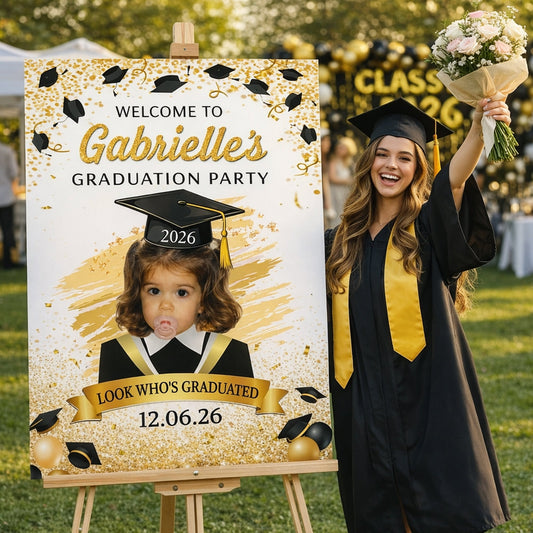 Graduation Party Sign With Childhood Photo - Vintage Childhood Decor Themed - Personalized Poster