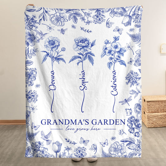 Grandma's Garden - Custom Kids Birth Flower Toile De Jouy - Personalized Blanket