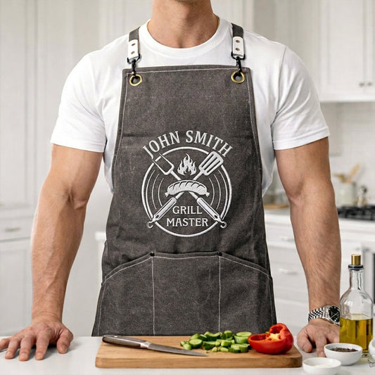 Grill Master, King Of BBQ - Custom Vintage Name For Him, Husband, Dad, Papa - Personalized Apron