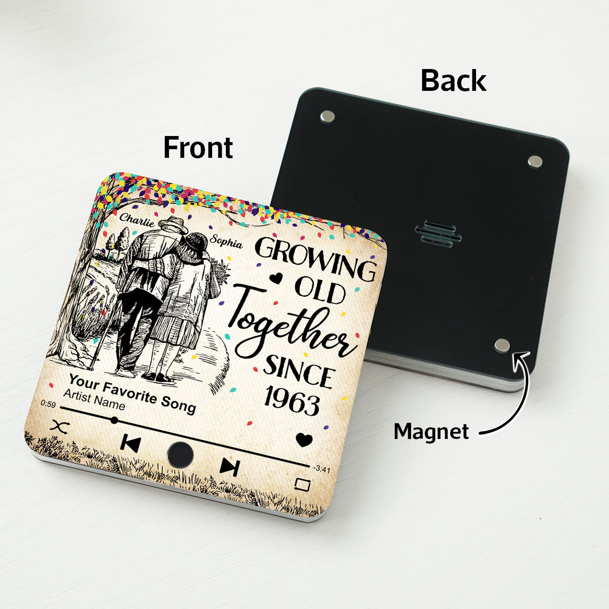 Colorful Tree Old Couple Walking Personalized Music Fridge Magnet, Heartfelt Gift For Couple, For Him, For Her, Boyfriend, Girlfriend, Husband, Wife