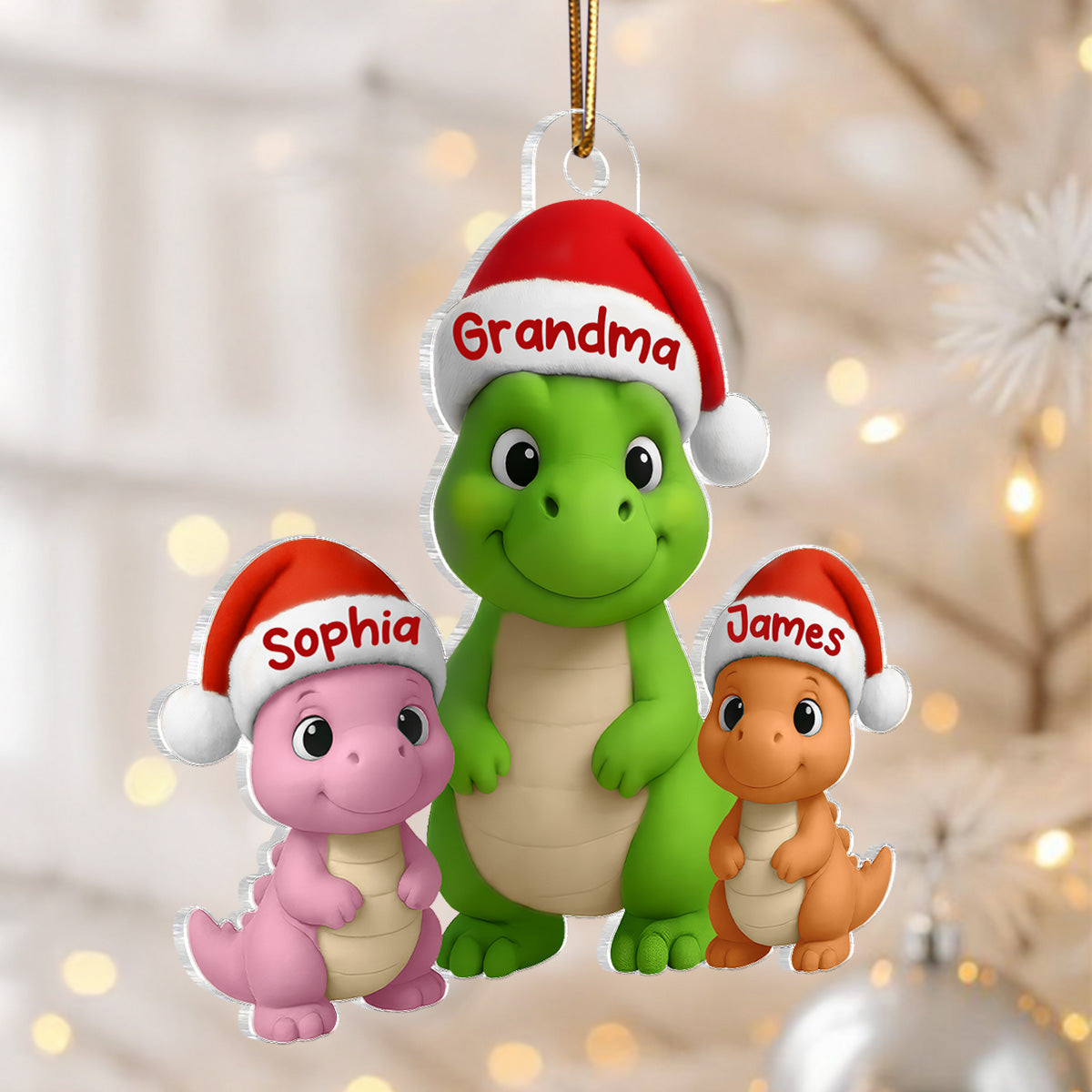 3D Effect Happy Grandmasaurus With Dinosaur Grandkids - Personalized Acrylic Ornament