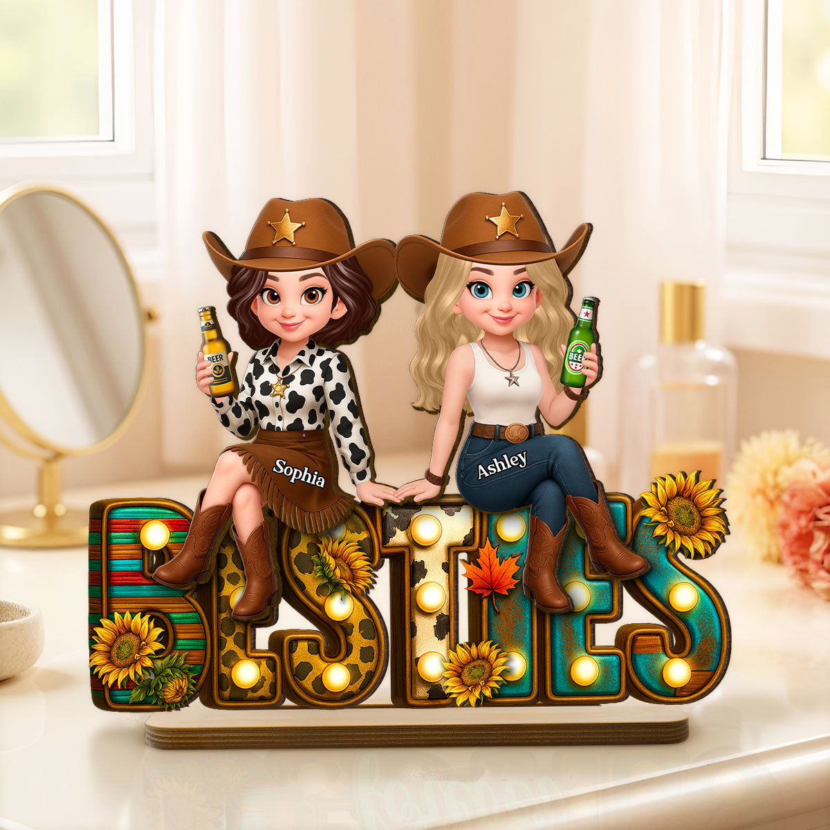 Leopard Marquee Western Besties Personalized Wooden Plaque - Fall Gift for Best Friends