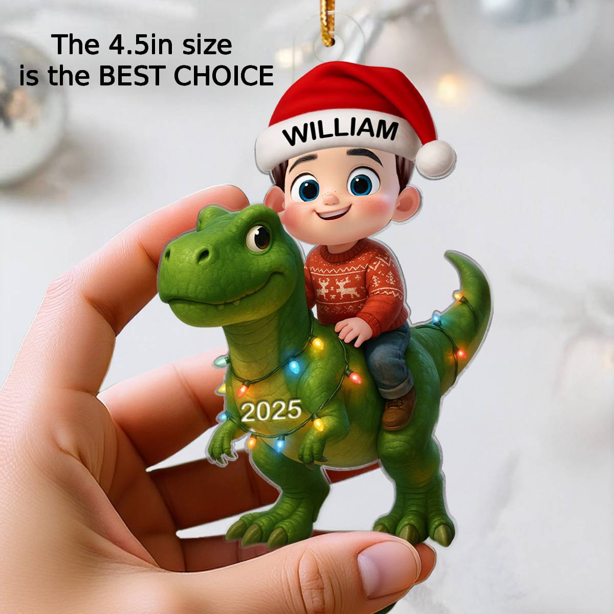 3D Effect Cute Cartoon Kid With Dinosaur Christmas - Personalized Acrylic Ornament - Unique Gift For Grandkids