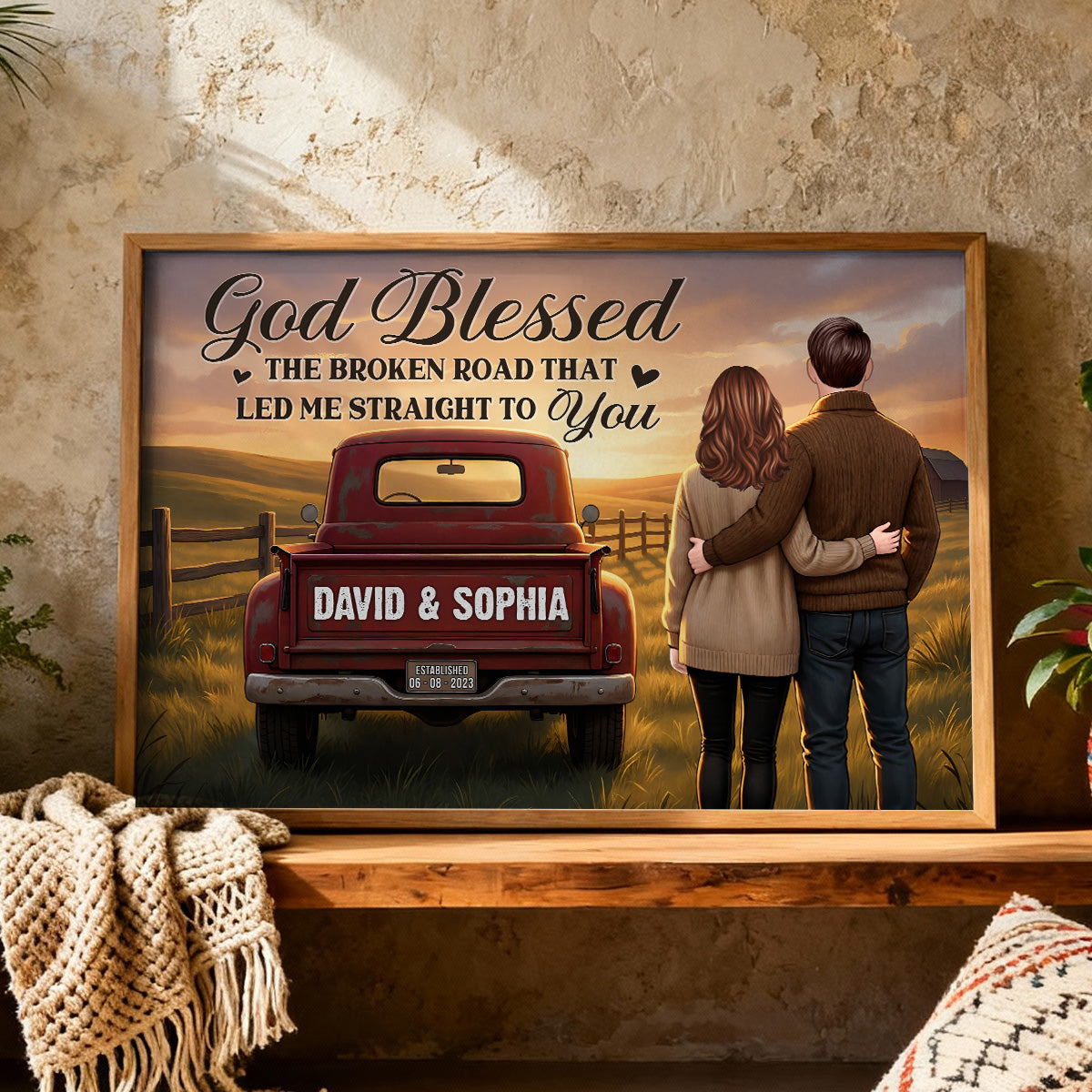 Rustic Nostalgia Red Pickup Truck Couple Together Farmhouse Decor - Personalized Poster - Heartfelt Valentine, Anniversary Gift For Him, For Her