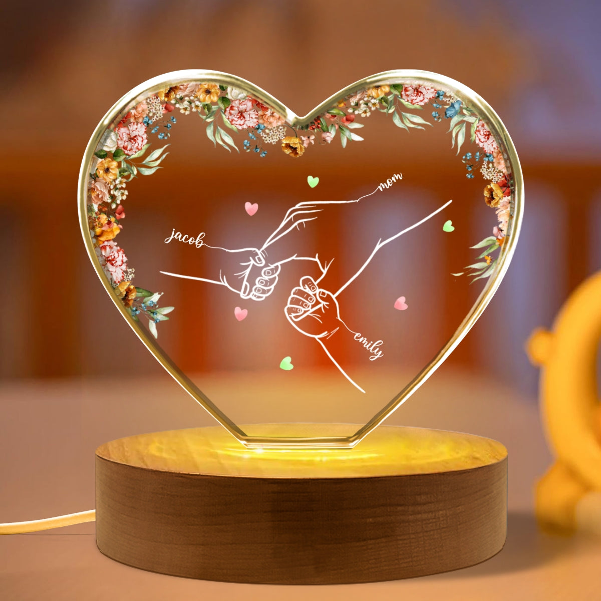 Personalized Name Mom And Kid Hands Premium Crystal Heart LED, A Timeless Treasure for Mom, Free Shipping Included
