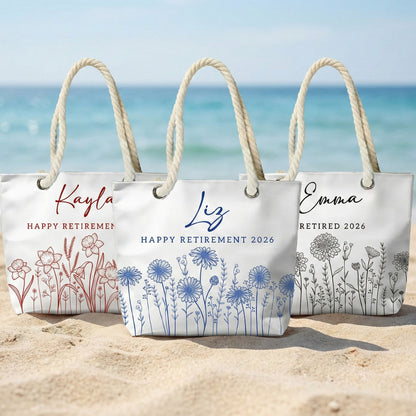 Happy Retirement Custom Birth Flower & Name - Personalized Beach Bag
