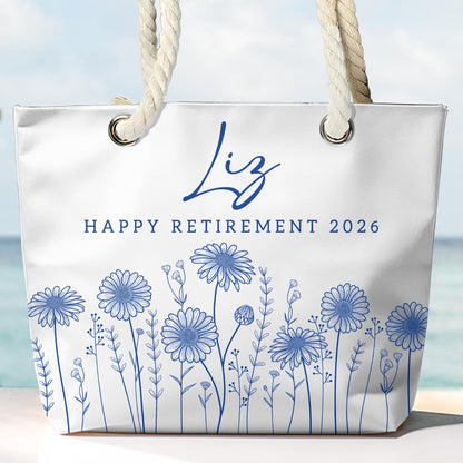 Happy Retirement Custom Birth Flower & Name - Personalized Beach Bag