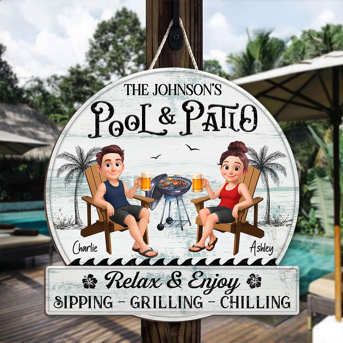 Cute Cartoon Couple Family Pool & Patio Retro Vintage Personalized Wood Sign
