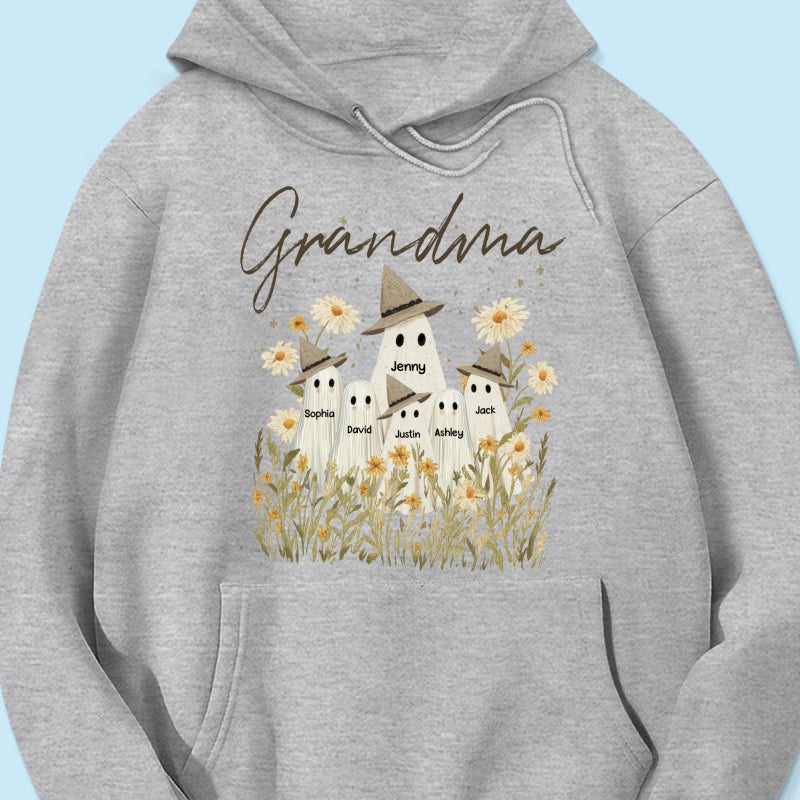 Cute Ghost Grandma And Kids In Wildflowers Spooky Fall Personalized Sweatshirt