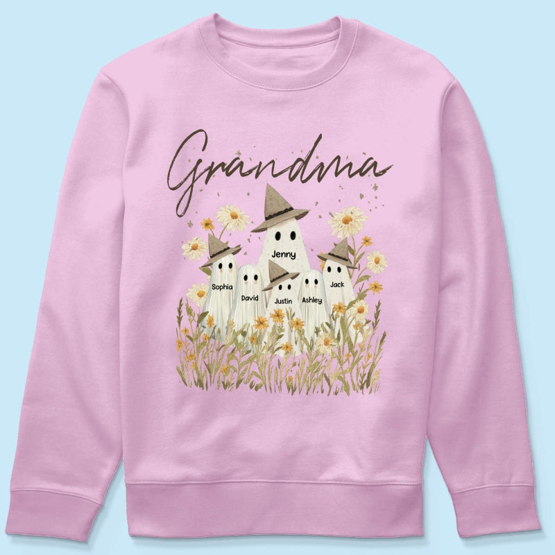 Cute Ghost Grandma And Kids In Wildflowers Spooky Fall Personalized Sweatshirt
