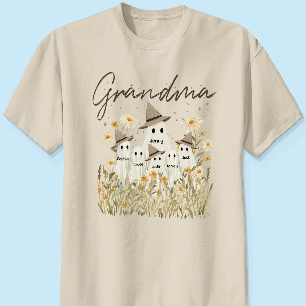 Cute Ghost Grandma And Kids In Wildflowers Spooky Fall Personalized Sweatshirt
