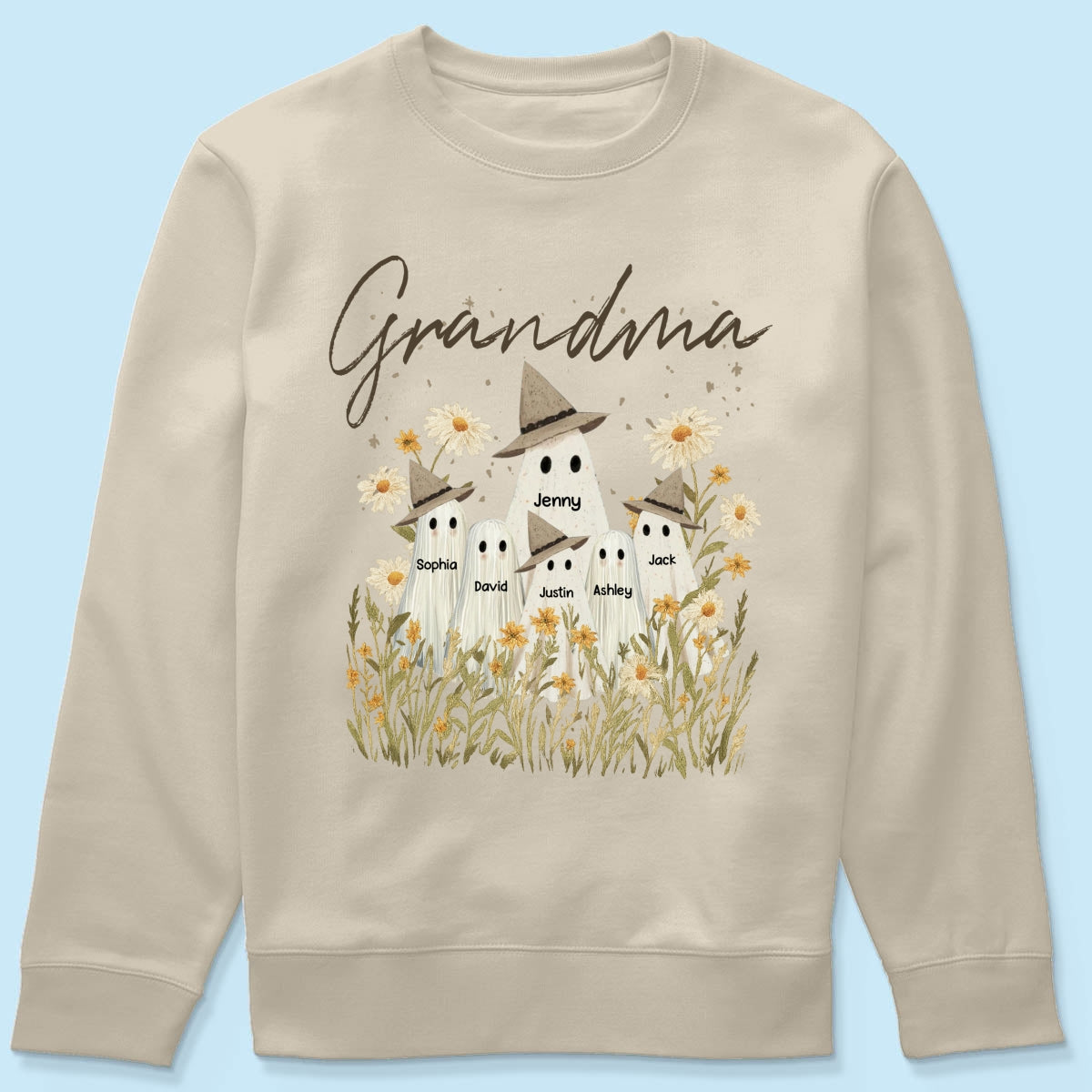 Cute Ghost Grandma And Kids In Wildflowers Spooky Fall Personalized Sweatshirt