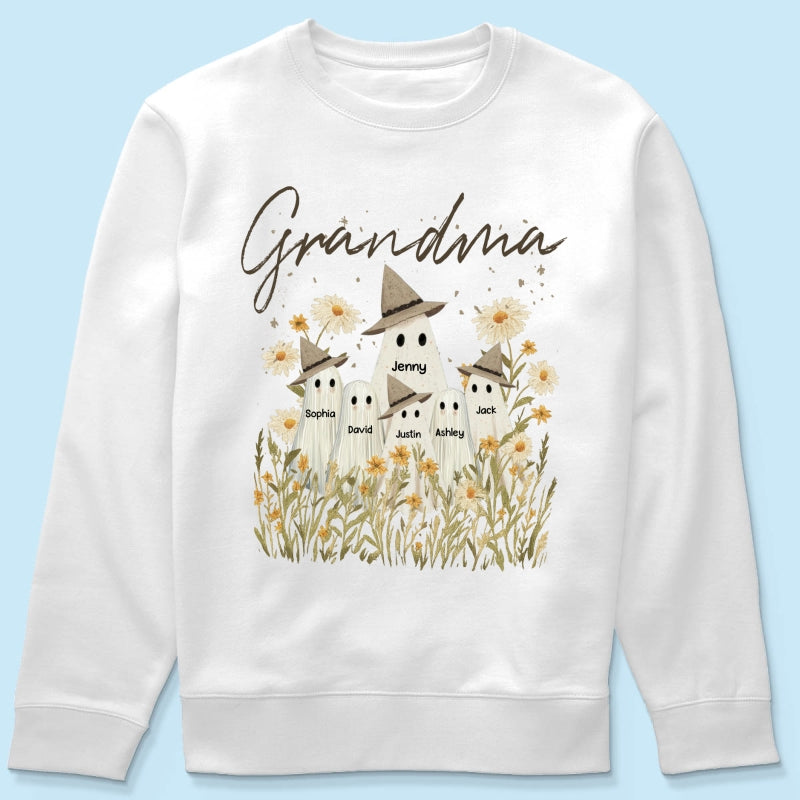 Cute Ghost Grandma And Kids In Wildflowers Spooky Fall Personalized Sweatshirt
