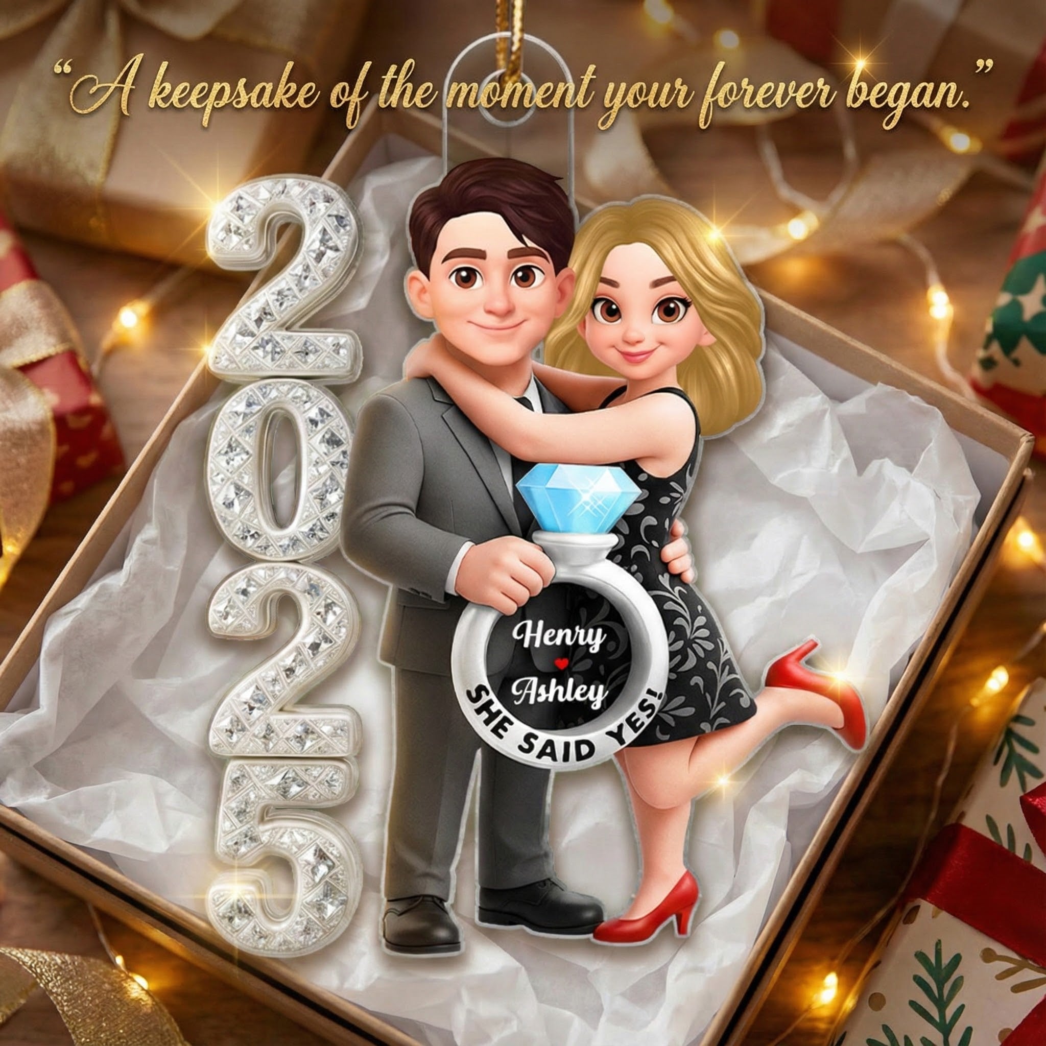 3D Crystal Effect Marriage Proposal Couple - Personalized Acrylic Ornament - Newly Engaged Gift, ""She Said Yes!"" Ornament