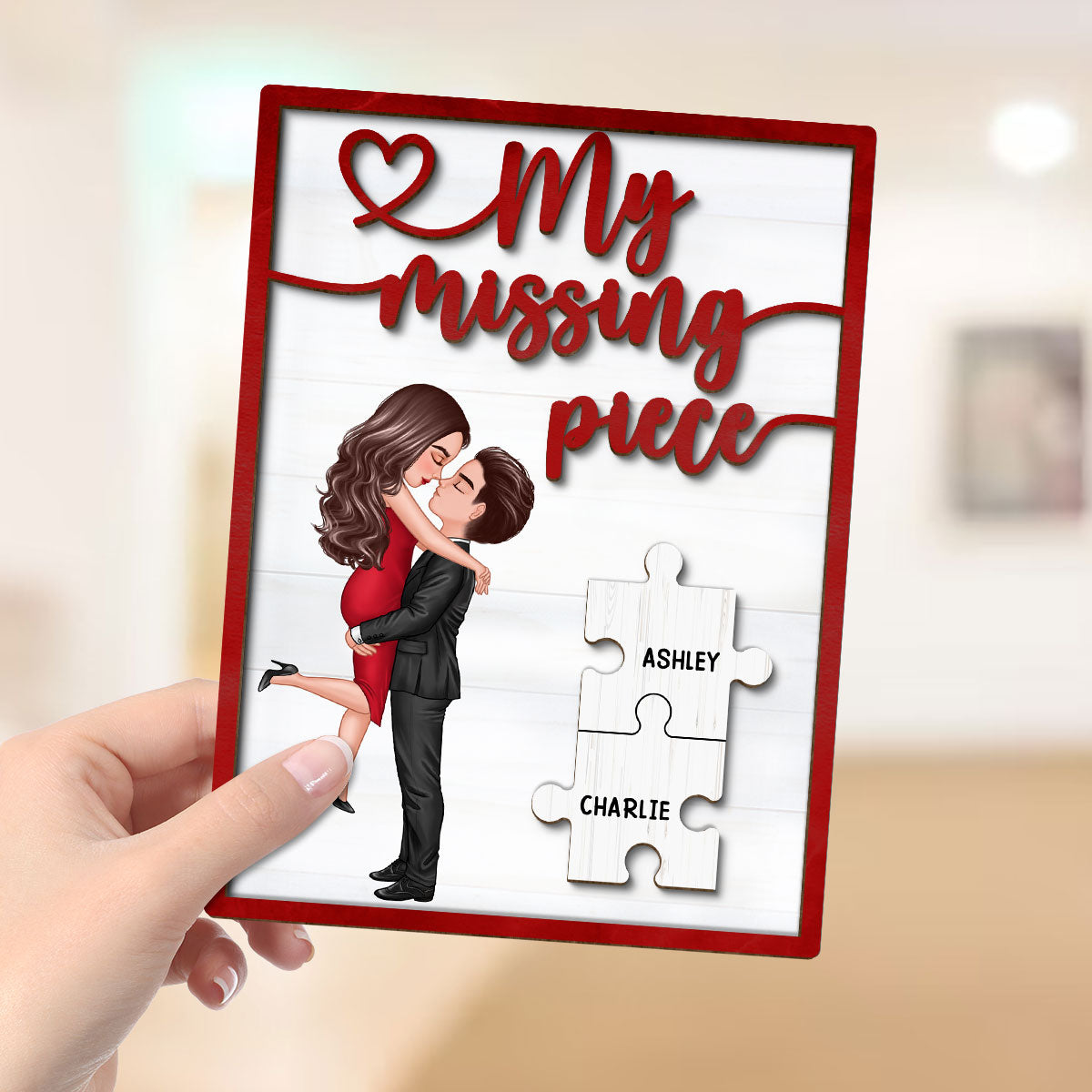 My Missing Piece Couple Hugging Kissing Red Valentine‘s Day Gift For Her Gift For Him Personalized 2-Layer Wooden Plaque