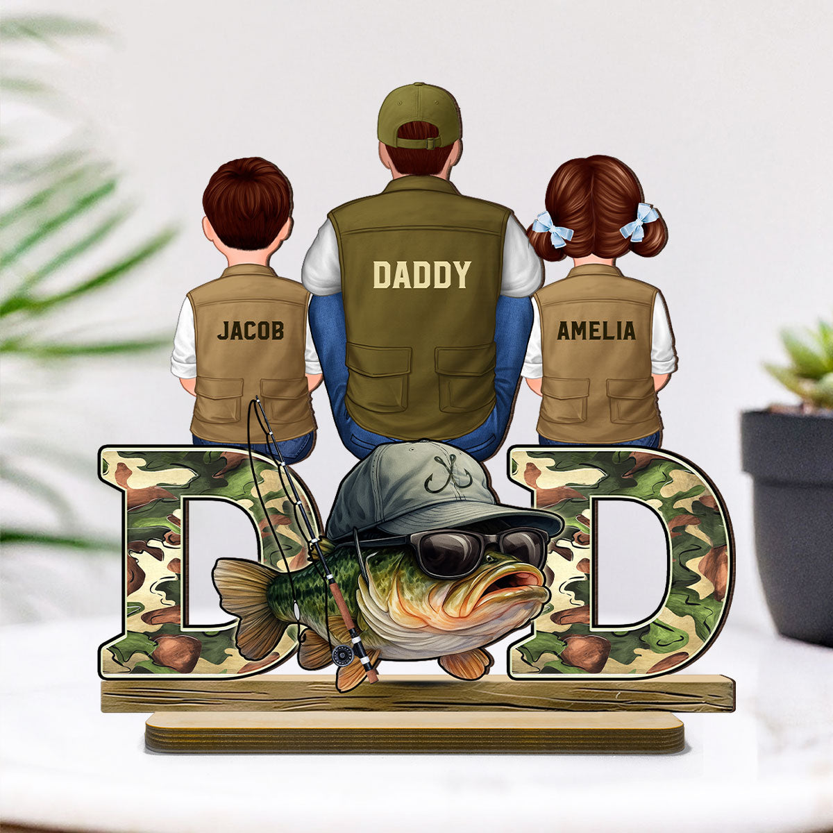 Fishing Dad And Kids Personalized 2-Layer Standing Wooden Plaque, Father’s Day gift for Dad, for Husband