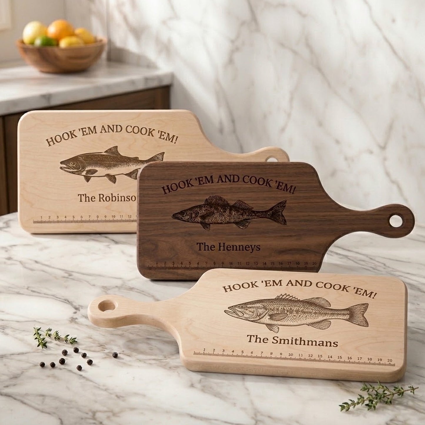 Hook 'Em And Cook 'Em - Personalized Cutting Board