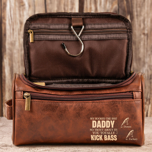 Father's Day Gifts, Hooked The Best Dad No Trout You Totally Kick Bass - Personalized Leather Toiletry Bag