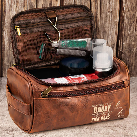 Father's Day Gifts, Hooked The Best Dad No Trout You Totally Kick Bass - Personalized Leather Toiletry Bag