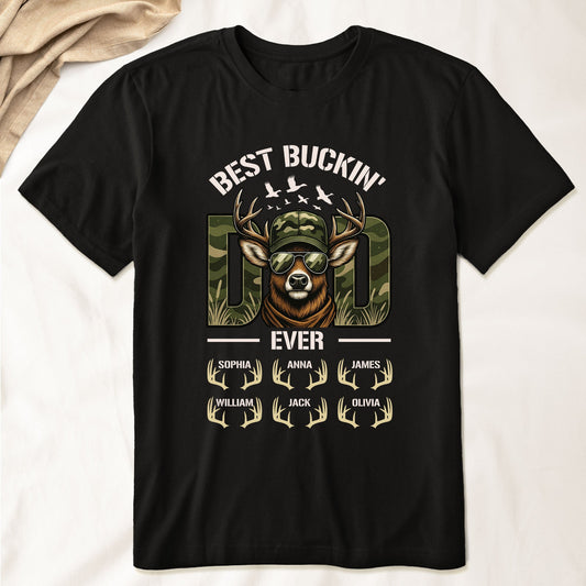 Father's Day Gifts, Hunter Dad Best Buckin' Dad Custom Kids Name - Personalized Shirt