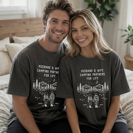 Husband And Wife Camping Partners For Life - Personalized Couple Matching Comfort Tee