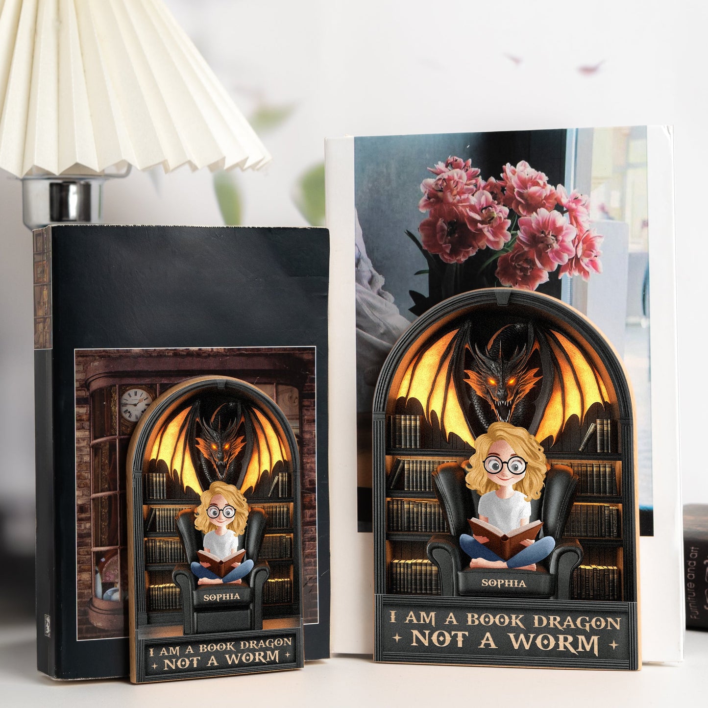I Am A Book Dragon Not A Worm - Custom Wood Book Ends