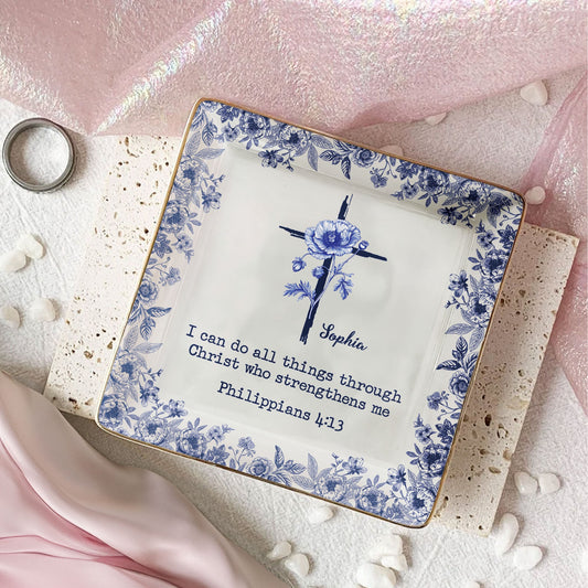 I Can Do All Things Birth Flower Toile De Jouy - Personalized Jewelry Dish
