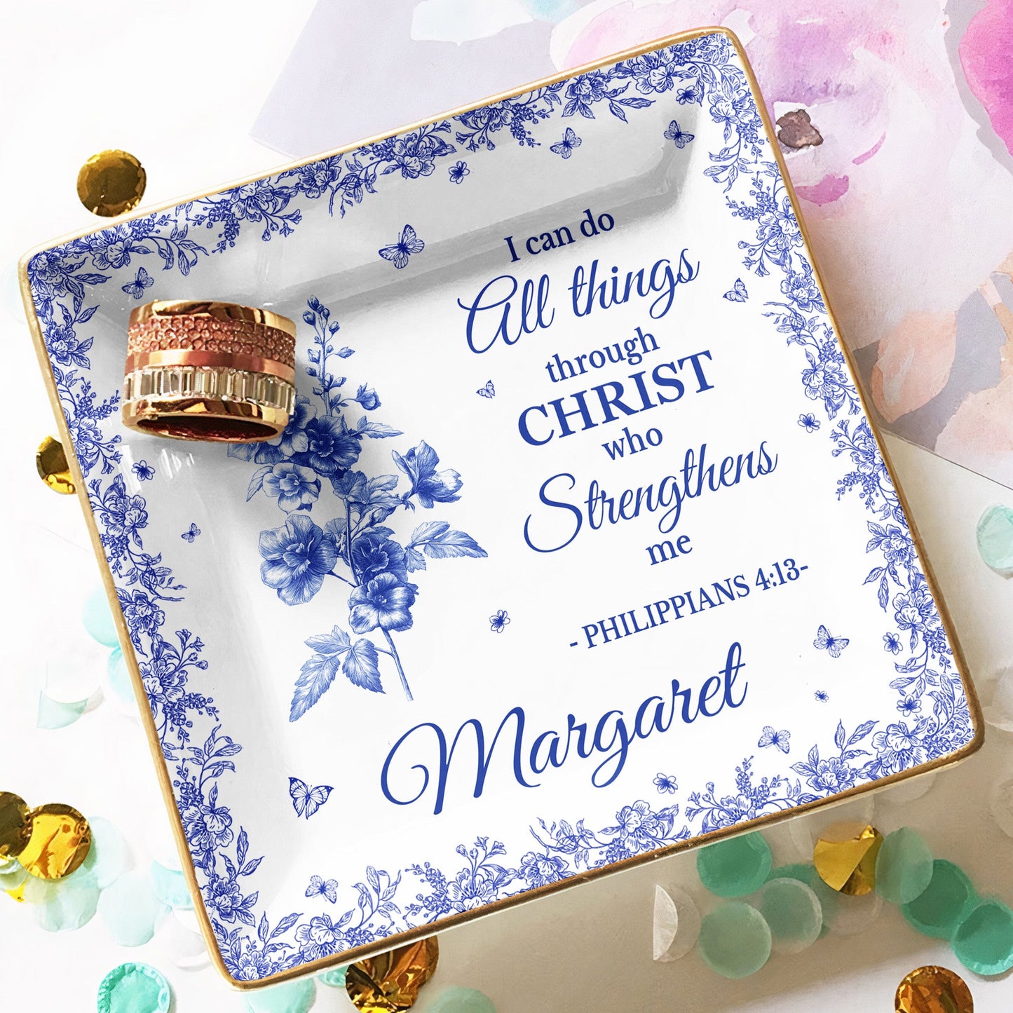 I Can Do All Things Through Christ Toile De Jouy - Personalized Jewelry Dish