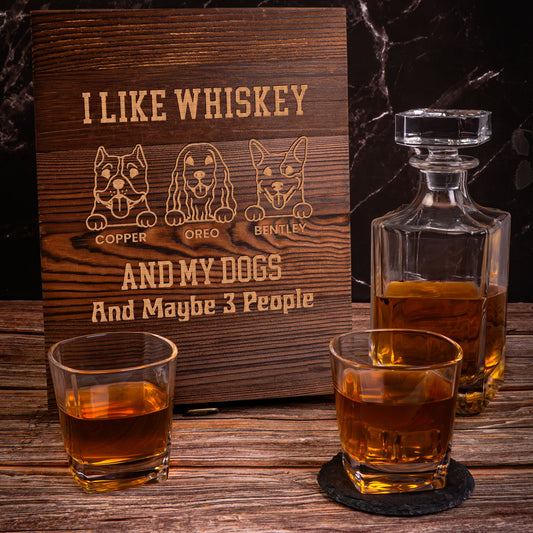 Father's Day Gifts, I Like Whiskey, Bourbon, My Dogs & Maybe 3 People - Personalized Whiskey Decanter Set