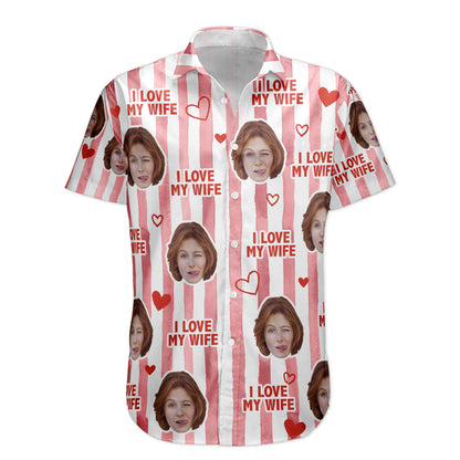 I Love My Wife Stripe Pattern Summer Trip - Personalized Photo Hawaiian Shirt