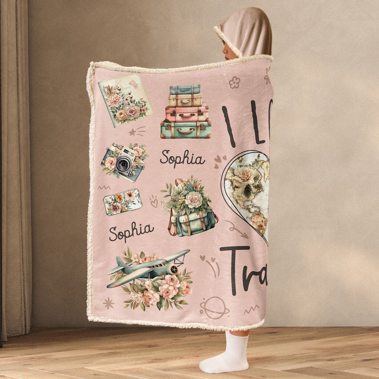 I Love Travel Vintage Floral - Personalized Wearable Blanket Hoodie