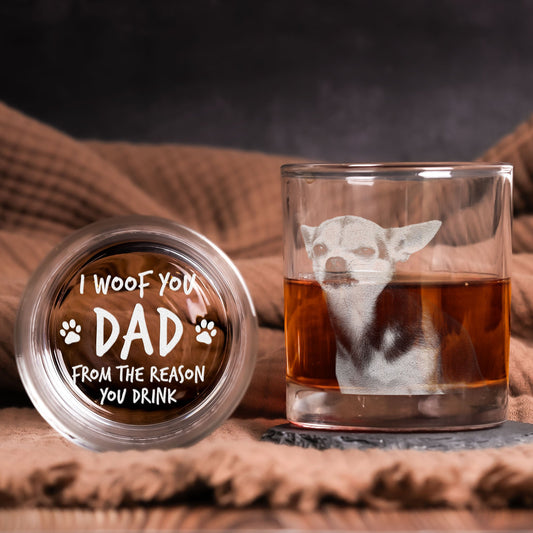 Father's Day Gifts, I Woof You Dad - Personalized Whiskey Glass With Photo