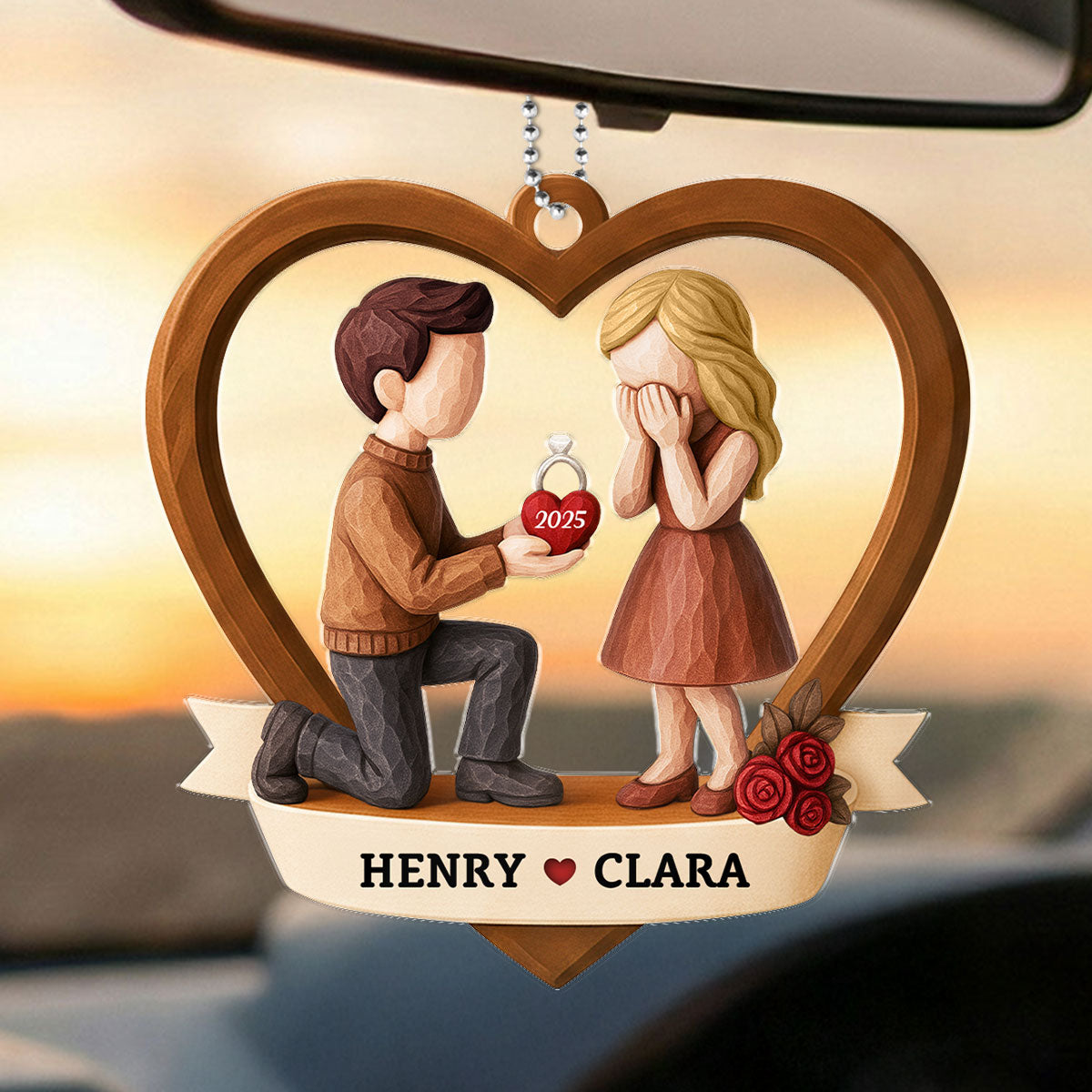 Couple Marriage Proposal 3D Wooden Effect - Personalized Acrylic Car Hanger - Newly Engaged Gift, ""She Said Yes!""