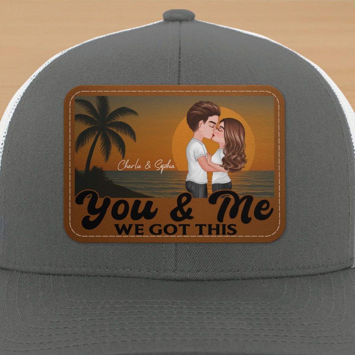 Retro Beach Summer Couple Kissing Personalized Leather Patch Hat