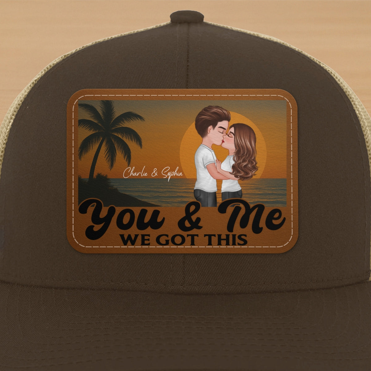 Retro Beach Summer Couple Kissing Personalized Leather Patch Hat