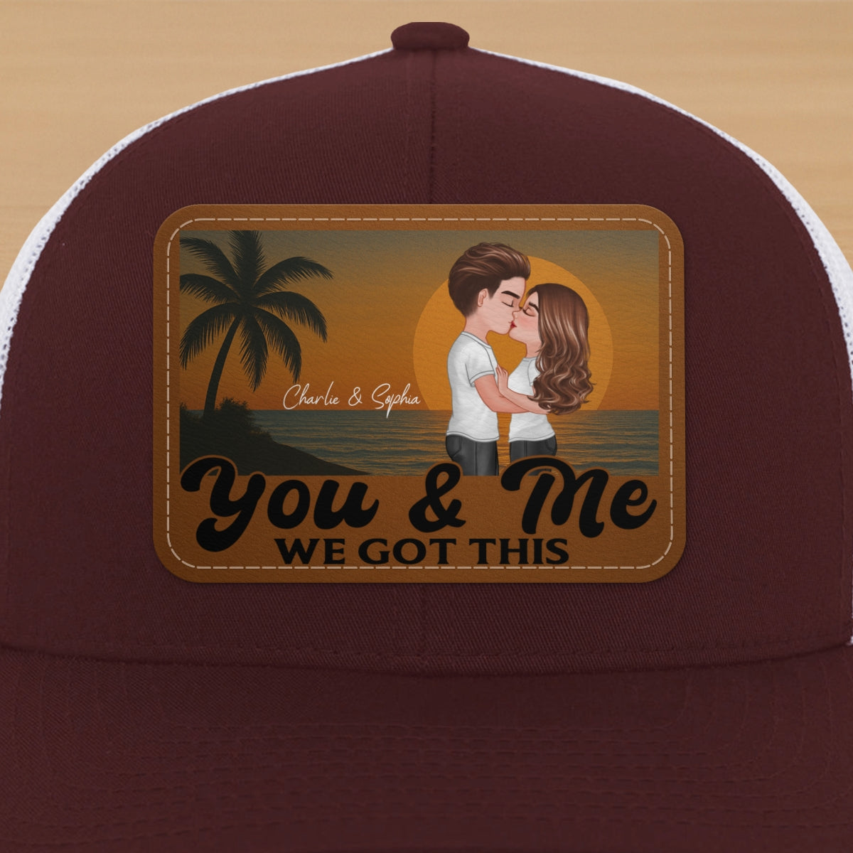 Retro Beach Summer Couple Kissing Personalized Leather Patch Hat