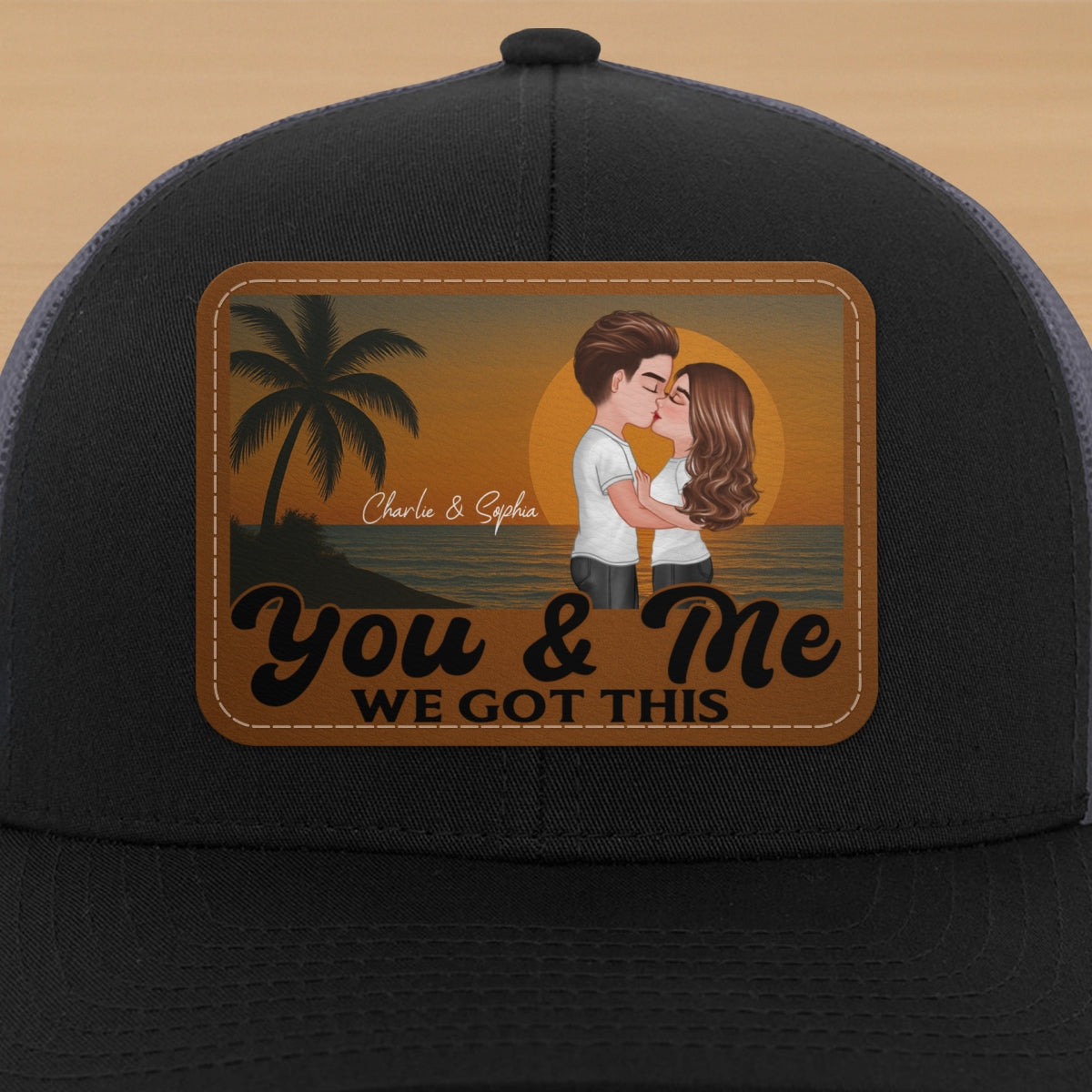 Retro Beach Summer Couple Kissing Personalized Leather Patch Hat