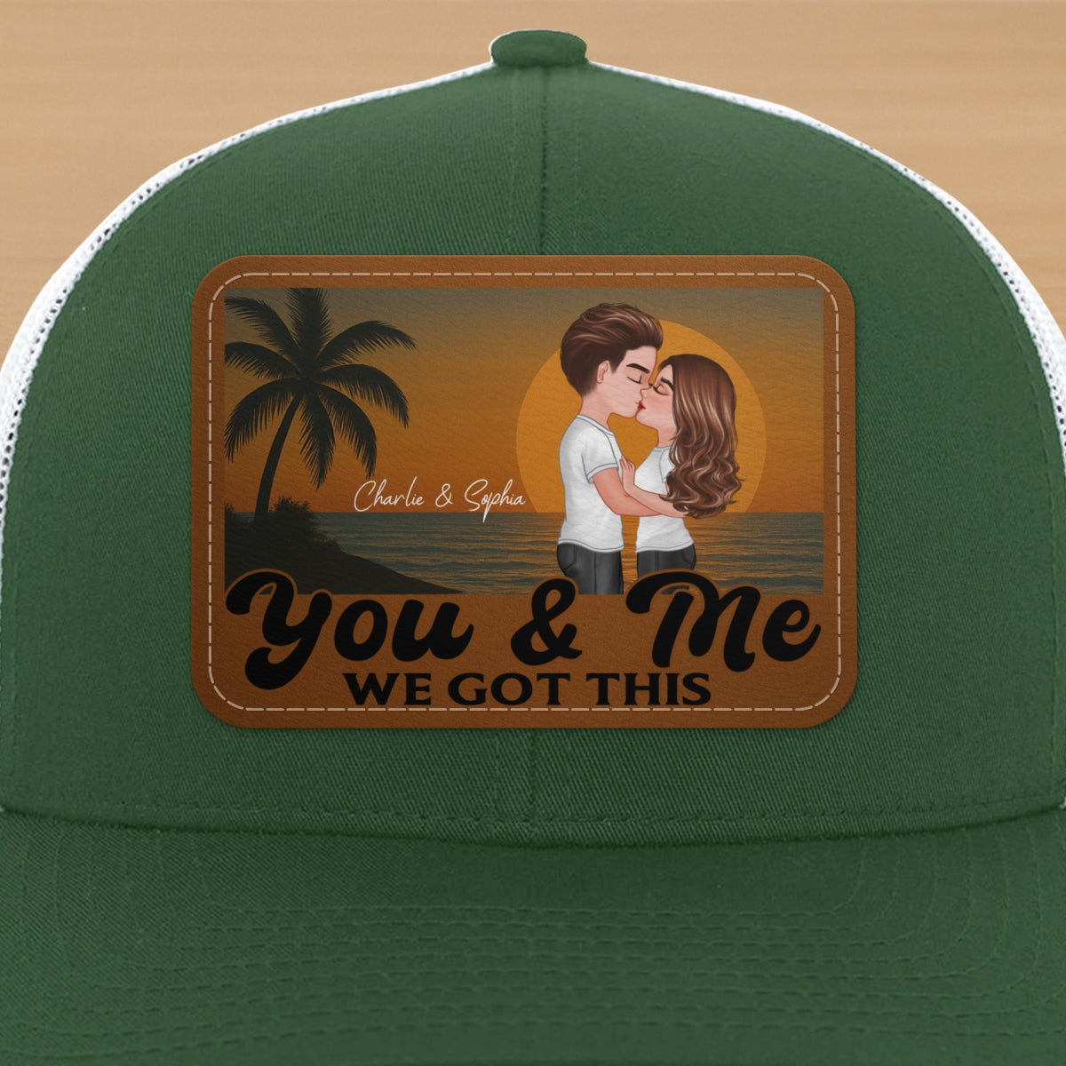 Retro Beach Summer Couple Kissing Personalized Leather Patch Hat